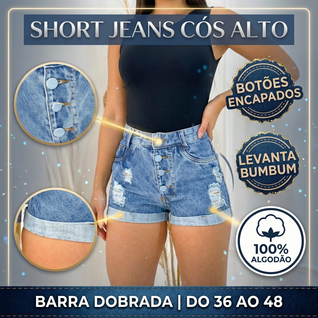 Short Jeans Feminino Cintura Alta Botões Encapados Barra Dobrada Destroyed