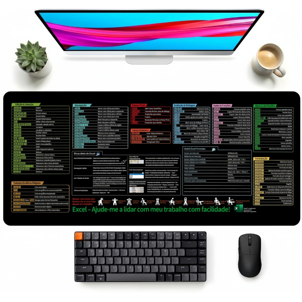 Mousepad Grande 90x40cm com Atalhos para Programação e Excel – Tapete Mouse Extragrande Design Informativo para Escritór