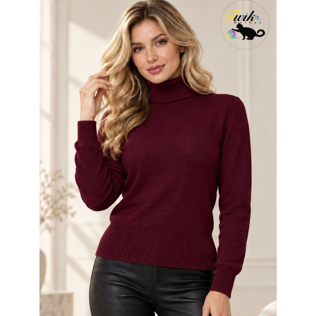 Blusa Feminina Tricot Elegante Cacharrel Canelada Básica Gola Alta Tricô Moda Inverno