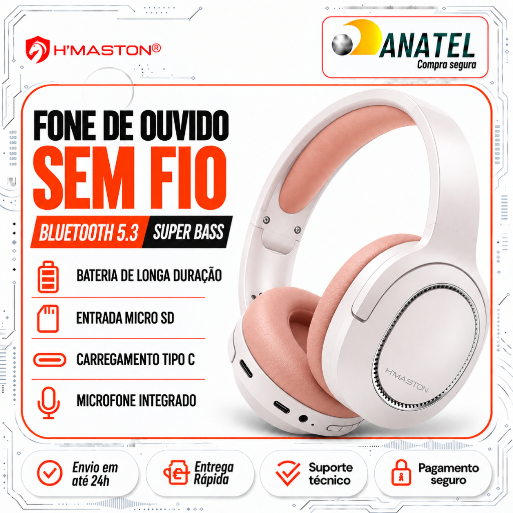 Fone de Ouvido Sem Fio Bluetooth Headphone Over Ear 5.3 Microfone HD Super Bass Android Iphone H'Maston SN15