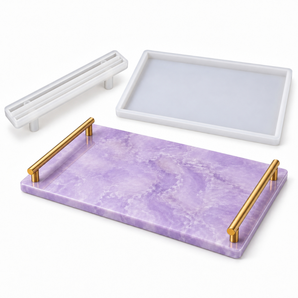 Kit Molde de Silicone para Bandeja Retangular 30 x 20 cm com Duas Alças para Artesanato em Resina, Gesso, Cimento e Arte