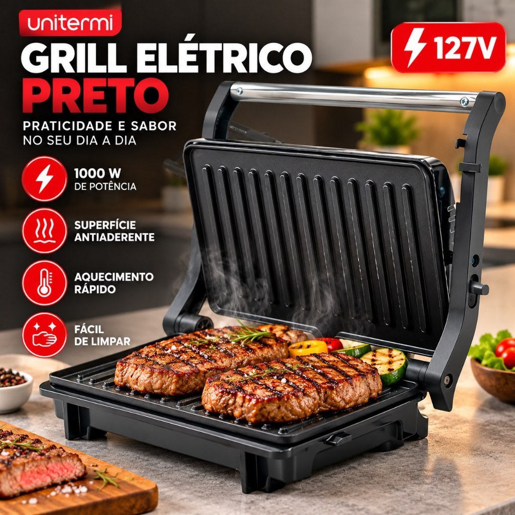 Grill e Sanduicheira Elétrica Unitermi 1000w Aço Inoxidável Grelha Cozinha Casa
