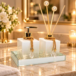 Kit Lavabo Luxo Vidro Branco Saboneteira Difusor Aroma Decoração Branco Bandeja Banheiro