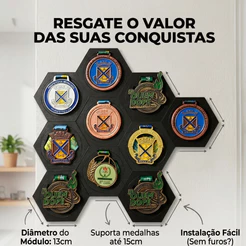Kit Porta Medalhas em MDF Hexagonal Colméia Porta Medalha Esportivo Corrida Ciclismo Decoração