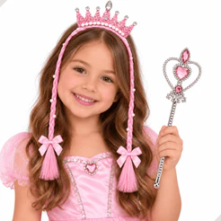 2 Acessórios De Princesa Tiara E Coroa Com Trança Rosa + Varinha Mágica De Coração Para Festas