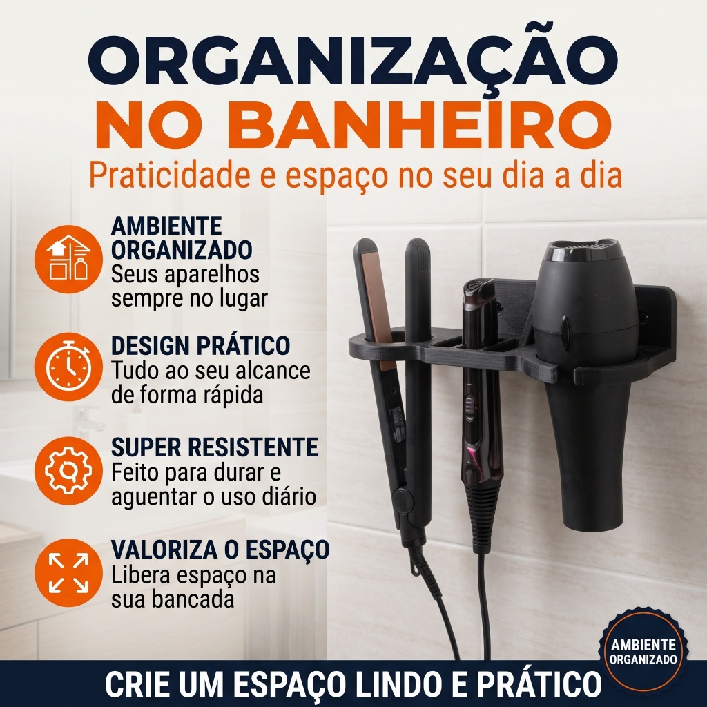 Suporte De Parede Multifuncional 3 em 1 Secador Babyliss Chapinha REFORÇADO e Organizador Banheiro Quarto Salão — imagem 3 de 3