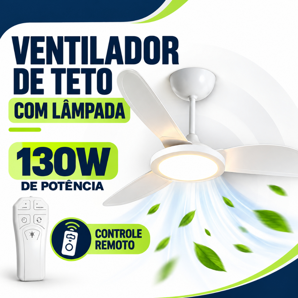Ventilador de Teto 130W Painel Plafon LED Luminária Silencioso com Controle Grande 3 Pás Econômico