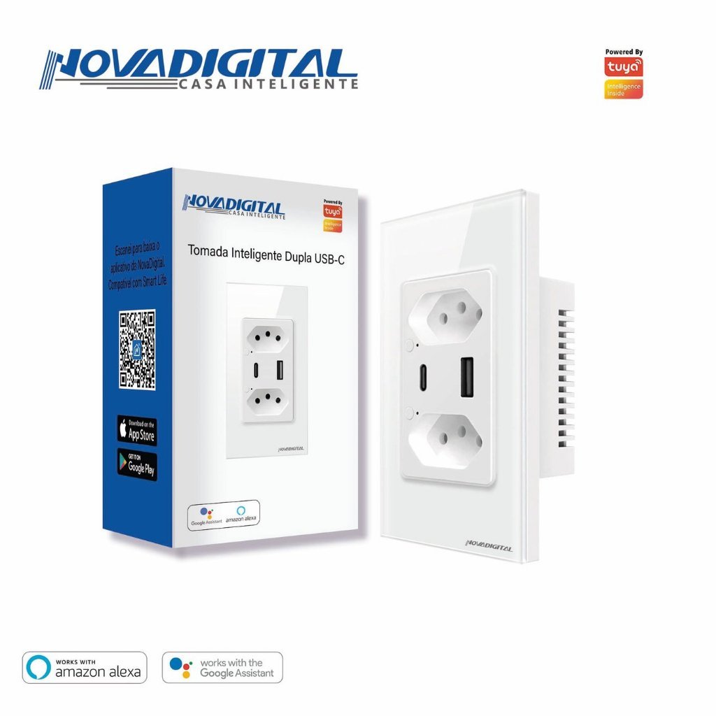 Tomada Dupla Inteligente Wifi Usb-c Nova Digital Compatível Alexa Google Branca ou Preta Bivolt