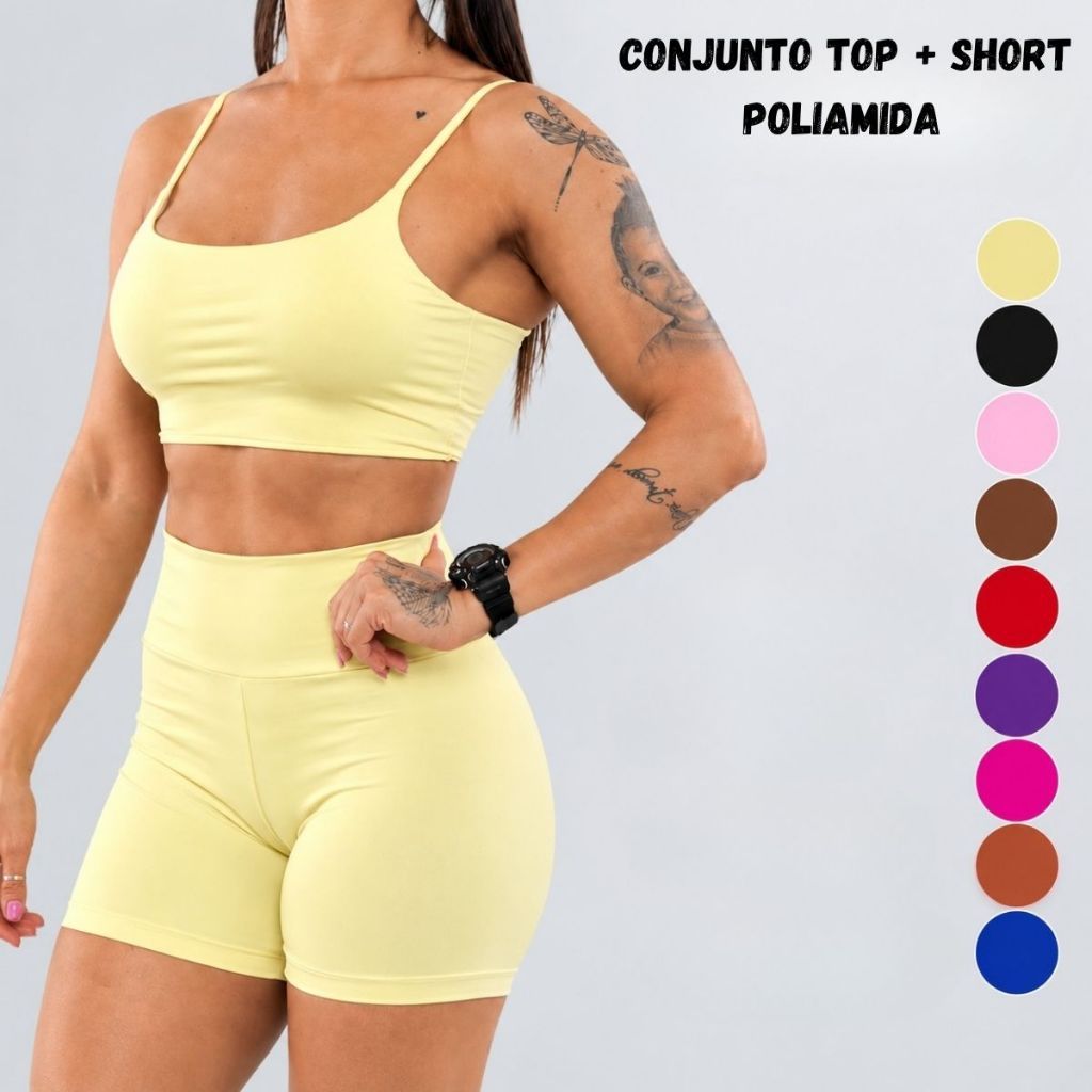 Conjunto Esportivo Feminino TOP e SHORT Poliamida Cós Alto Zero Transparência liberdade de movimento ajuste ao corpo
