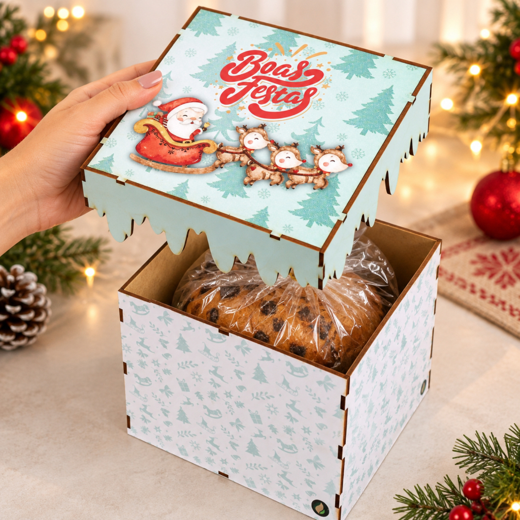 Caixa Presente Natal MDF para Panetone 500g com Tampa Organizadora Natalina Decorativa Boas Festas
