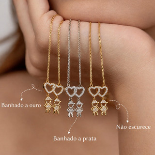 Colar Feminino Corações e Filhos Cravejado Zircónias Brilhantes Banhado Dourado Prateado