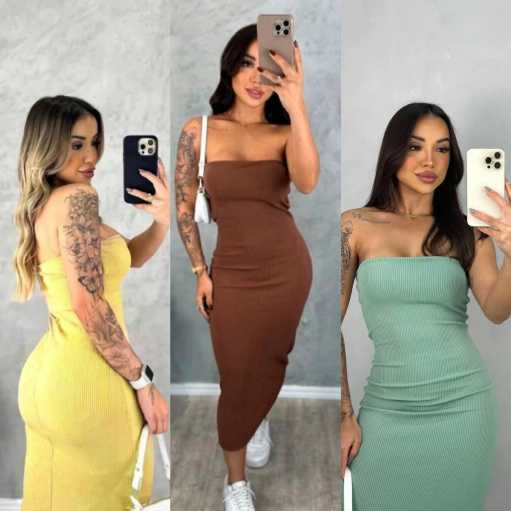 Vestido Midi Tomara que Caia Tubinho Canelado Anarruga - Cores do Verão Estilo Blogueira para Arrasar!