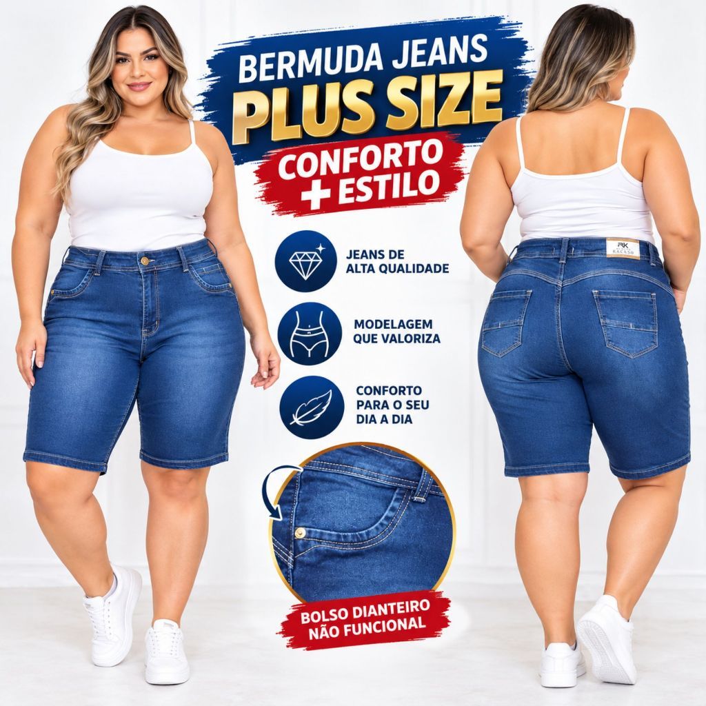 Bermuda Jeans Ciclista Plus Size Feminina Cintura Alta Até o Joelho Premium