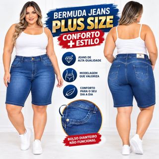 Bermuda Jeans Ciclista Plus Size Feminina Cintura Alta Até o Joelho Premium