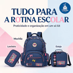 Kit Mochila De Costas Minnie Escolar Juvenil Lancheira Estojo Disney