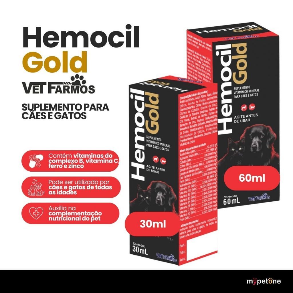 Hemocil Gold 30 Ou 60 mL Vet Farmo Suplemento Vitamínico Mineral Cães e Gatos