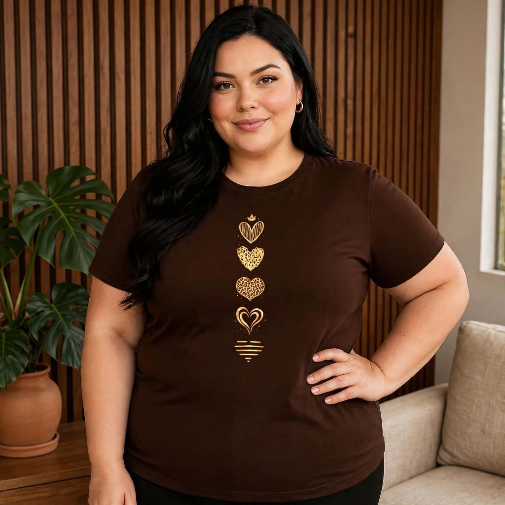 Camiseta Plus Size Feminina P Ao G5 100% Algodão Estampada 5 Coração Básica Casual Academia Verão Blusa Plus Size Camisa