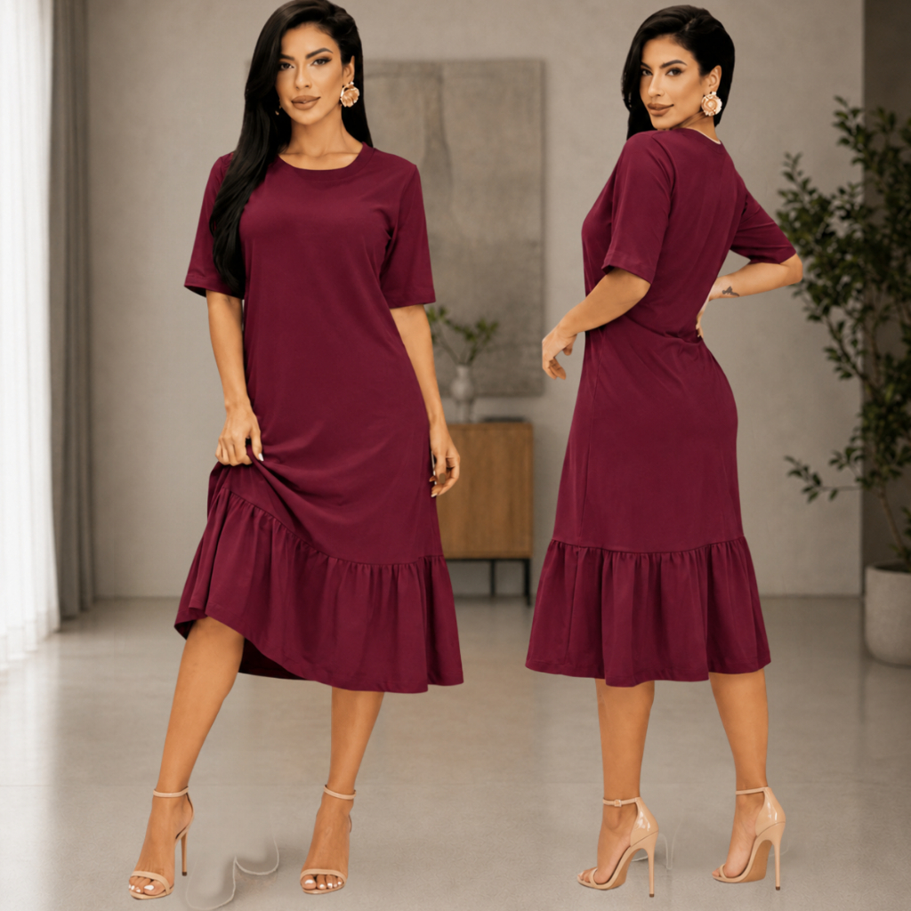 Vestido Midi Feminino 100% Algodão Manga Curta Gola Redonda Babado Casual Elegante Conf...