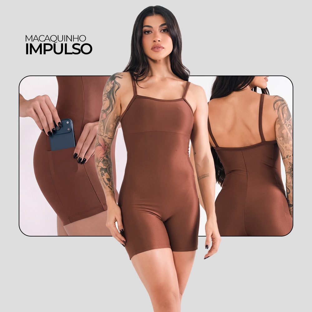 Macaquinho Impulso Fitness Com Bolsos Compressão Tecido Canelado Confort Modelador Academia Treino Corrida — imagem 2 de 2