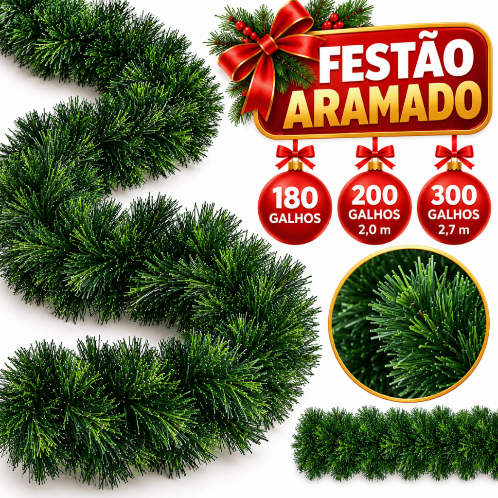 Festão Aramado Natal Verde Grosso Premium 180 200 300 galhos Natal Decoração Natalina 270CM Enfeite Árvore