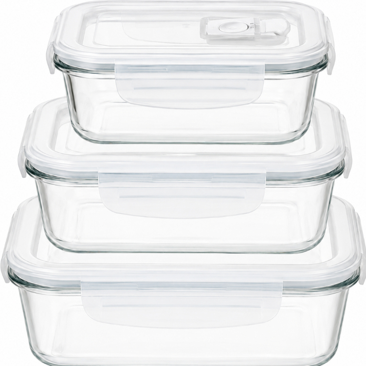 Kit 3 Potes Vidro Tampa Hermética com Válvula 360ml + 580ml + 1030ml Marmita Armazenar Alimento Comidas Refeição
