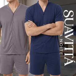 Kit 1 ou 2 Pijama Masculino Botão Aberto Curto Americano Malha Leve Verão Confortável Idoso Pós Cirúrgico