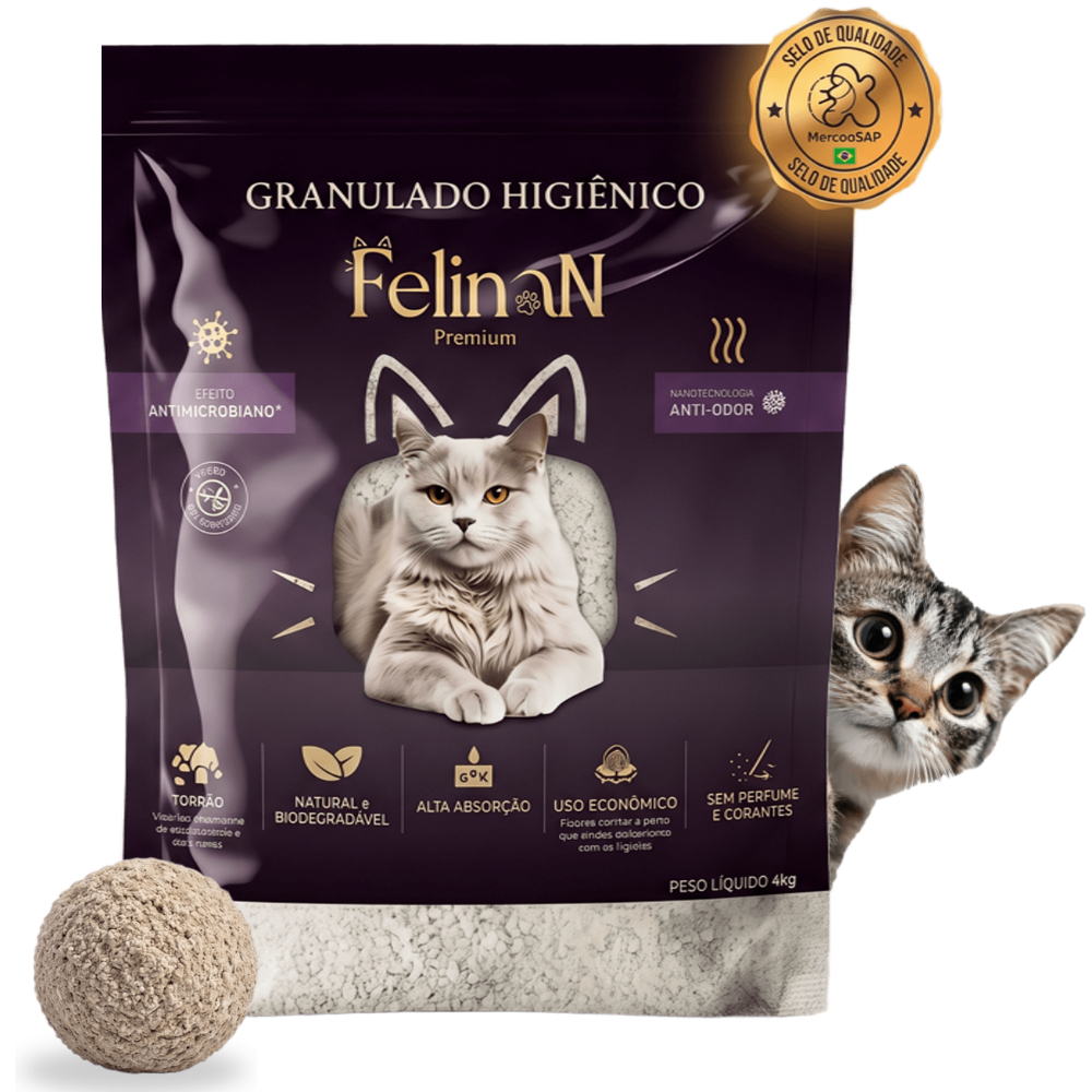 Areia Para Gatos Higiênica Premium Felinan 4kg Granulado Fino Nanotecnologia Elimina Odor Torrão Biodegradável Sem Pó