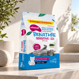 Areia Sanitária de Mandioca Wisecat para Gatos Grãos Finos Sensitive Bionature Biodegradável 10kg