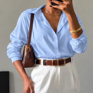 Camisa Feminina Camisa Feminina Social Manga Longa Elegante de Botão Premium Trabalho Casual Preto Azul Rosa Alfaitaria