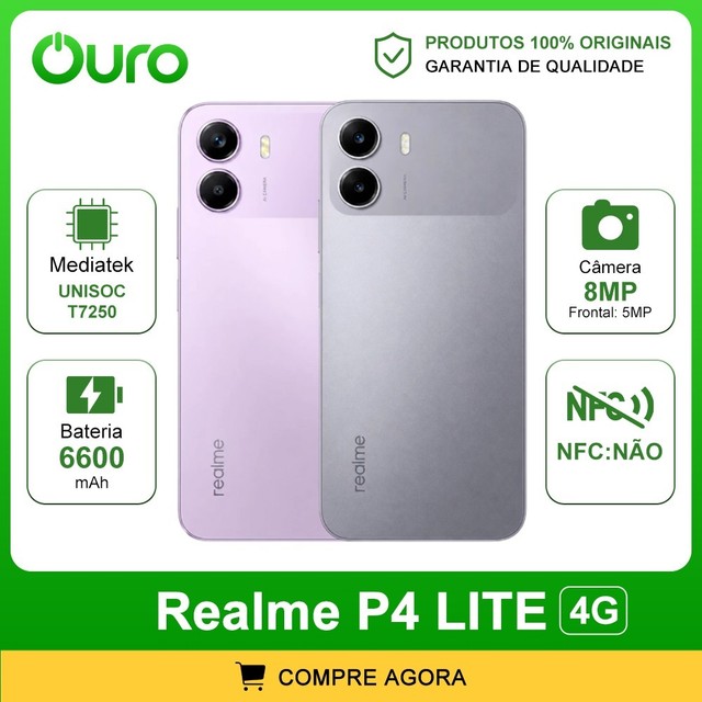 Realme P4 Lite 4G , Versão Global, 128/256GB e 4GB RAM, Processador Unisoc T7250, Bateria 6600mAh, Resistência IP64