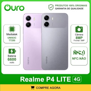 Realme P4 Lite 4G , Versão Global, 128/256GB e 4GB RAM, Processador Unisoc T7250, Bateria 6600mAh, Resistência IP64