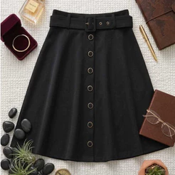 Saia Godê Midi Moda Evangélica com Cinto Bolso e Botões Dourados