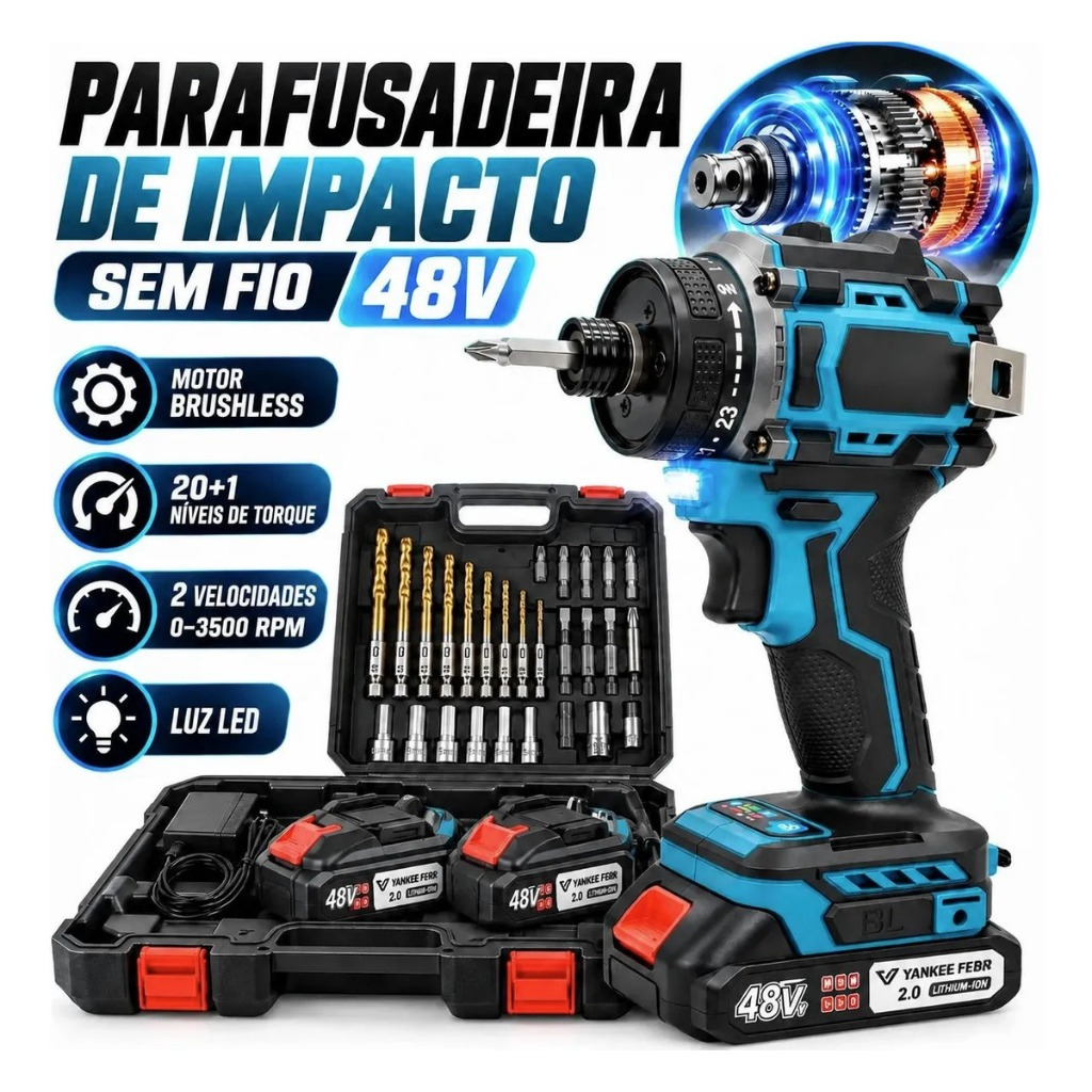 Kit 2 Em 1 Parafusadeira Furadeira 48V Sem Fio 85 N.M Torque Motor Sem Escova Ferramenta Elétrica Com Luz