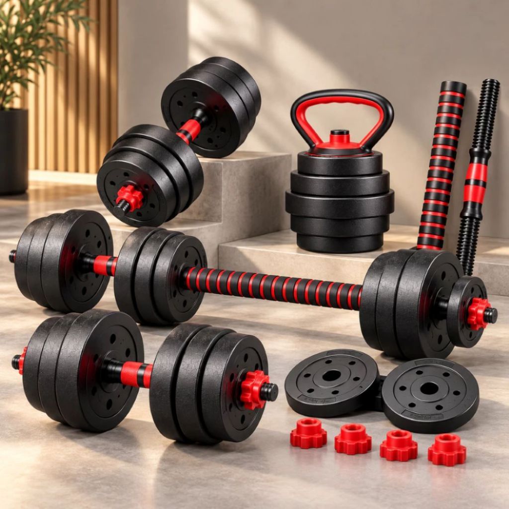 Kit Halteres Ajustáveis 15kg com Barra Kettlebell Anilhas e Apoio para Flexão