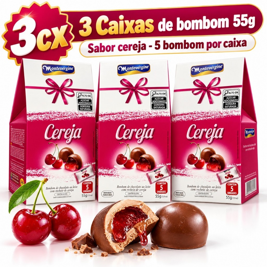 Kit 3 caixas Bombom Cereja Licor Chocolate ao Leite Montevérgine 55g