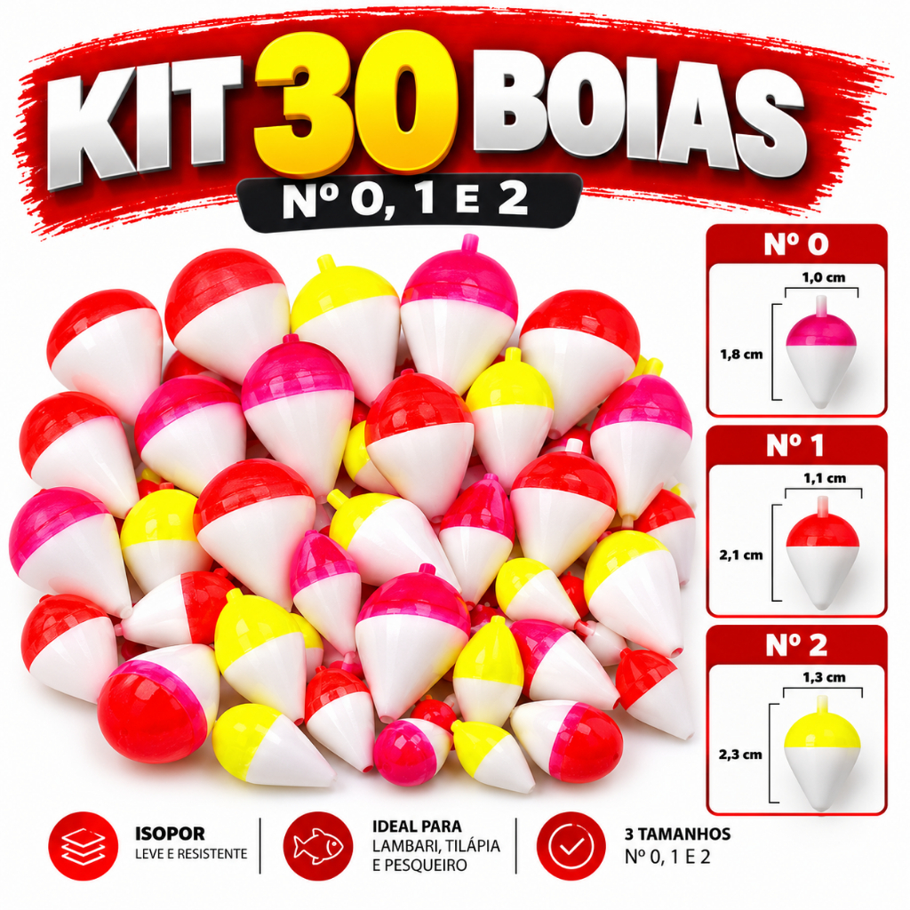 Boia de Pesca Isopor | 30un | Kit Pescaria | Nº0, Nº1 e Nº2 | Boias Lambari Pesqueiro Tilápia Pescar