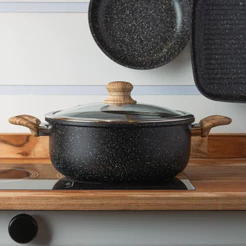 Caçarola de Indução 24cm Wolff Alumínio com Revestimento Cerâmico Granilite Preto Tampa de Vidro para Cozinha Fogão Lar