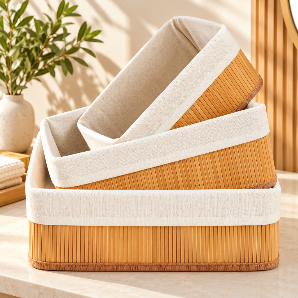 Kit 3 Cestos Organizadores de Bambu Natural com Forro em Tecido Multiuso