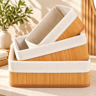 Kit 3 Cestos Organizadores de Bambu Natural com Forro em Tecido Multiuso