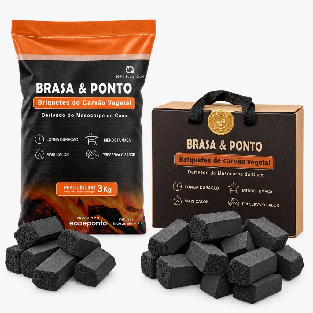 Carvão de Coco Brasa&Ponto Premium para Churrasco Alta Duração 100% Natural Ecológico