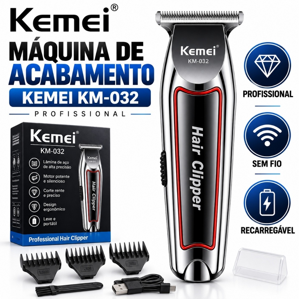 Máquina de Acabamento Kemei KM-032 Profissional Sem Fio Recarregável Barba Cabelo Pezinho