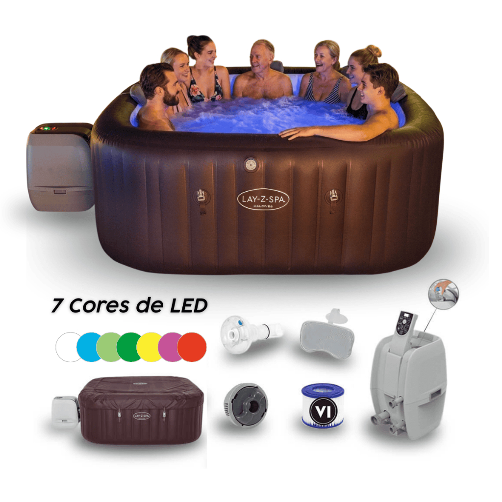 Banheira Ofurô Spa Inflável Maldives 1.050L Hydrojet + LED 7 Cores + Aplicativo WiFi + Capa Bestway em Oferta na Shopee