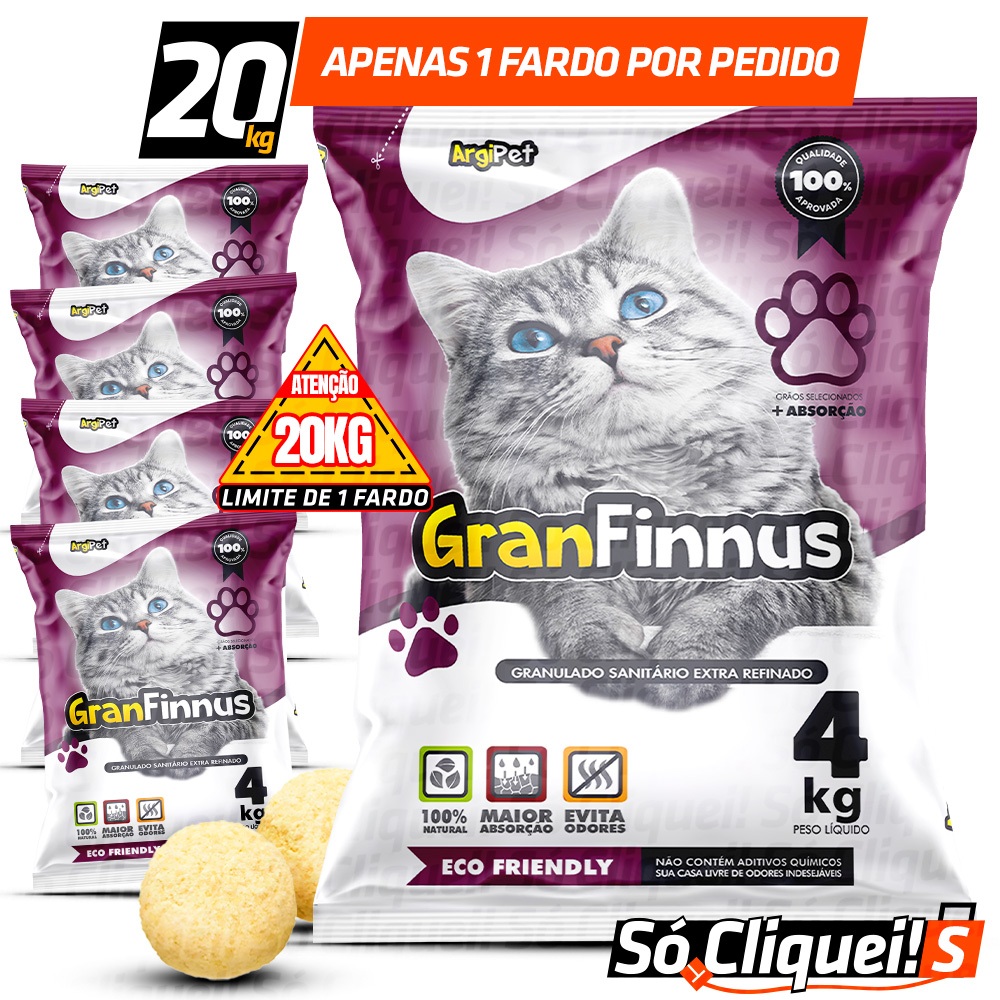 Kit 5 Pacotes Fardo GranFinnnus Granulado de Areia Sanitária de Gato Extra Fina Forma Torrões Firmes Alta Absorção 20KG em Oferta na Shopee