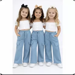 Calça Alfaiataria Luxo Infantil e Juvenil Menina 4 a 8 Cargo Moda Blogueira Menina azul bebe