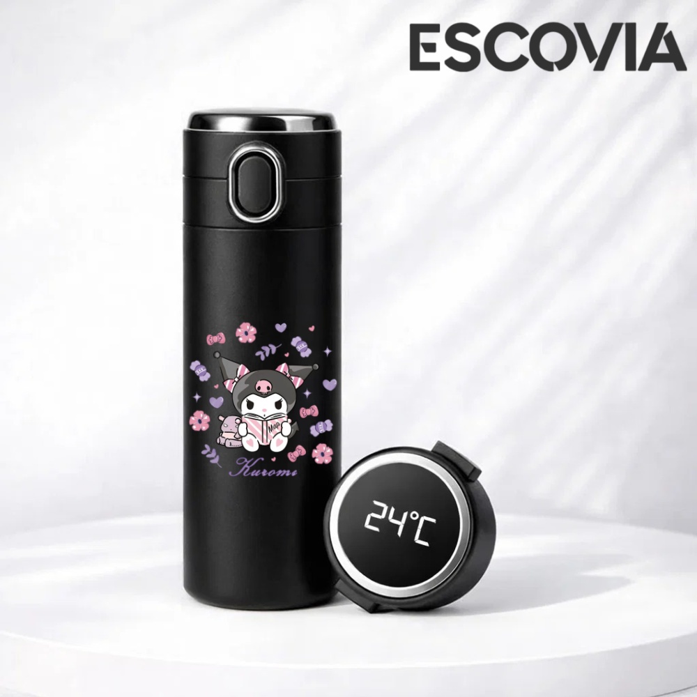 Garrafa Térmica Aço Inoxidavel Parede Dupla Sanrio Kuromi com Termômetro Digital 420ml