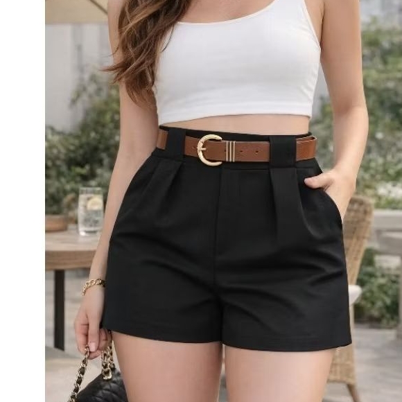 Short  Feminino Alfaiataria cintura alta com cinto e bolsos elegante PROMOÇAO