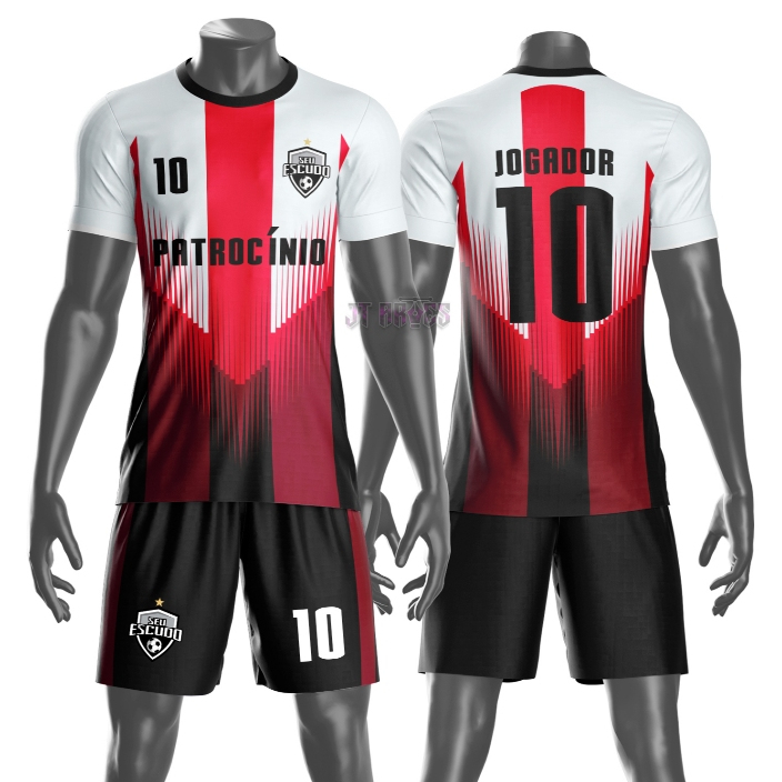 Uniforme jogador futebol amador esportivo camiseta e calção personalizavél nome número escudo mod 31