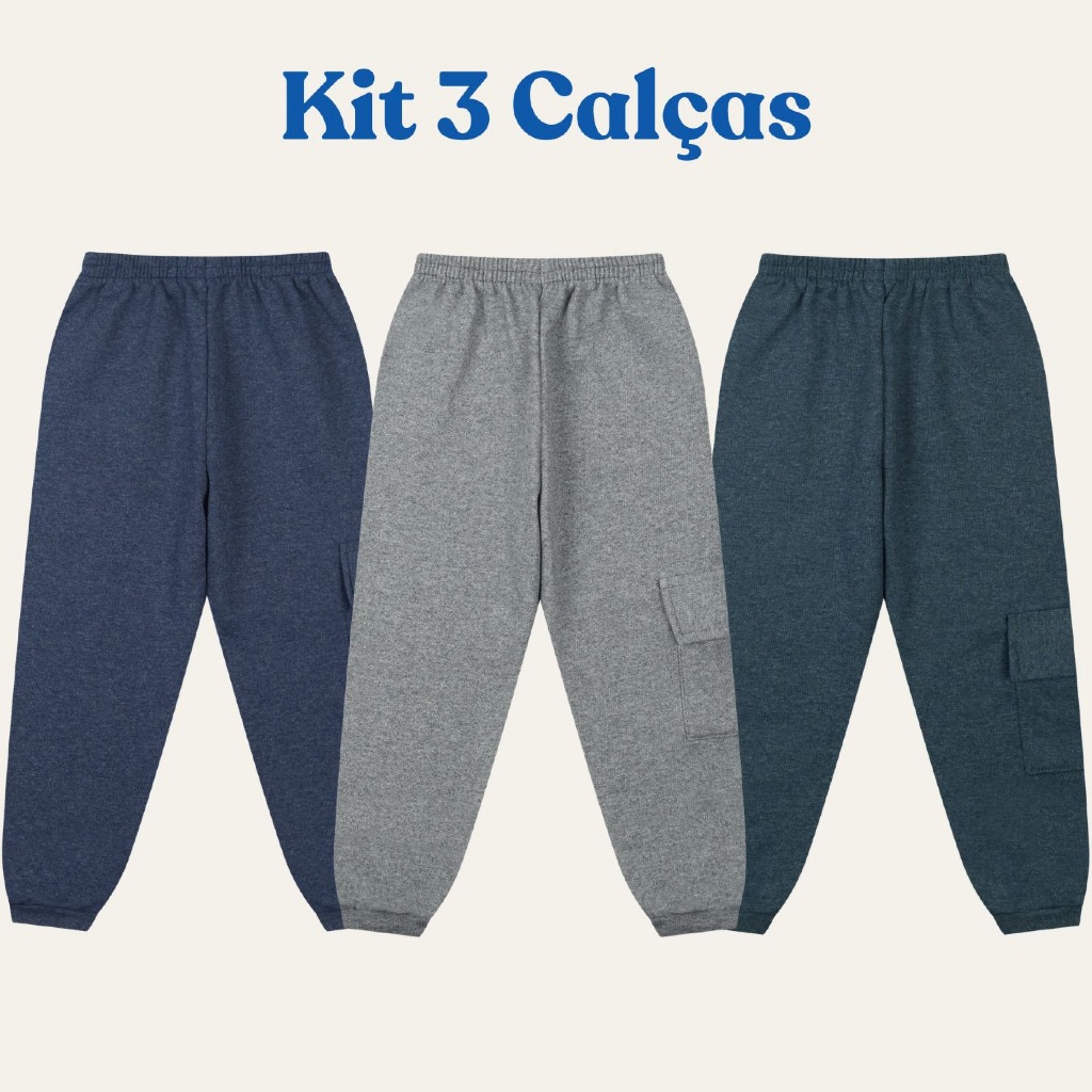 Kit 3 Calças de Moletom Lisa infantil e juvenil escolar uniforme