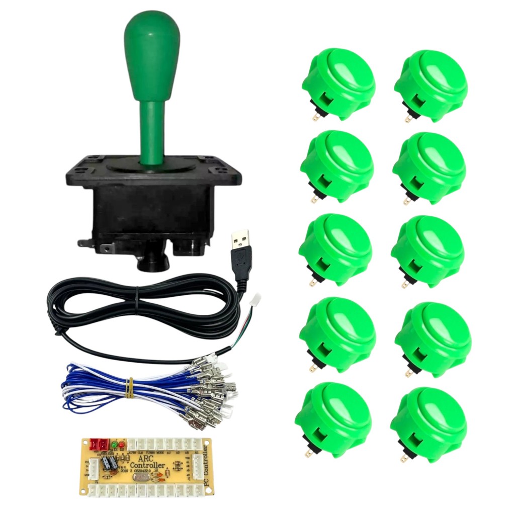 Kit 1 Comando e 10 Botões Verde Tipo Sanwa 30mm Para Fliperama Arcade + 1 Placa Zero Delay