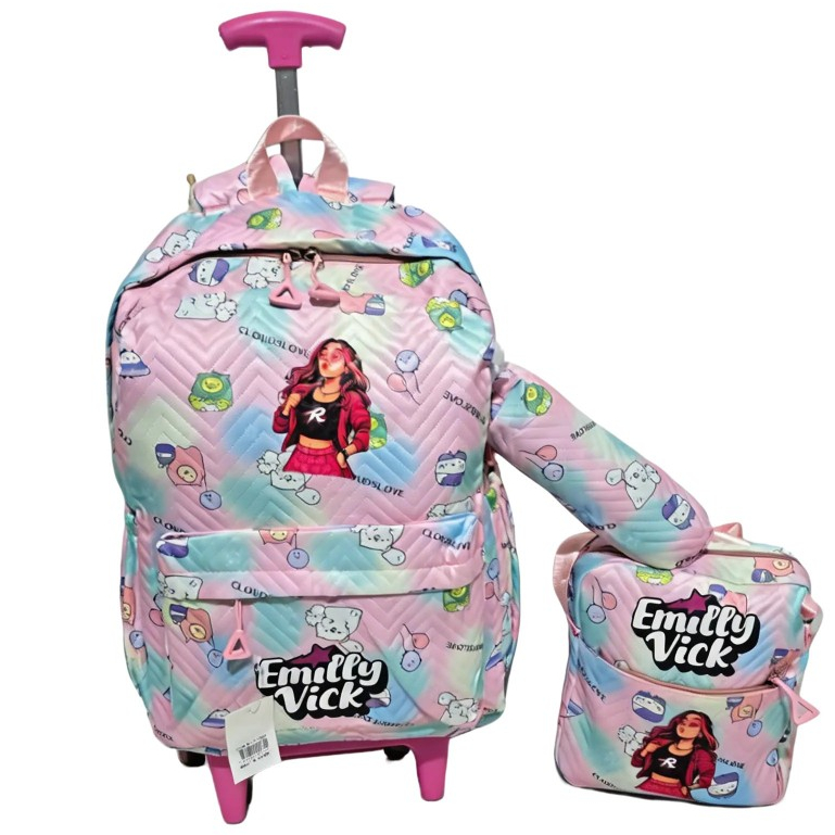 Mochila Escolar Infantil com Rodinhas Kit Completo Mochila Lancheira e Estojo Estampa Colorida